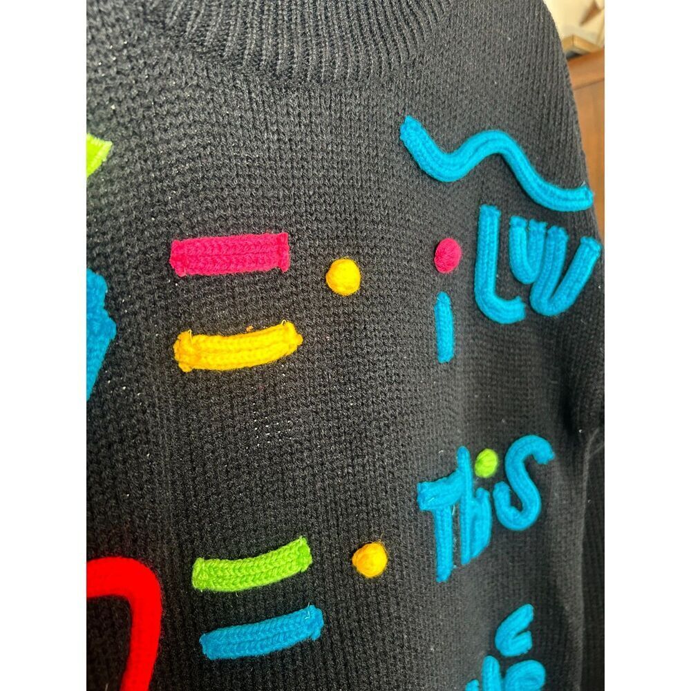 Vintage 80's Gitano 3D Knit Black Sleeve Sweater Luv Place Colorful Pullover L - Picture 5 of 5